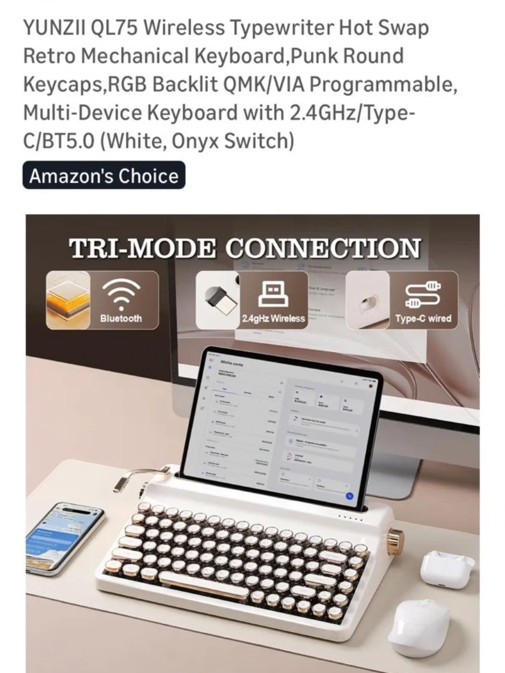 YUNZII White & Rose Gold Retro Typewriter Keyboard